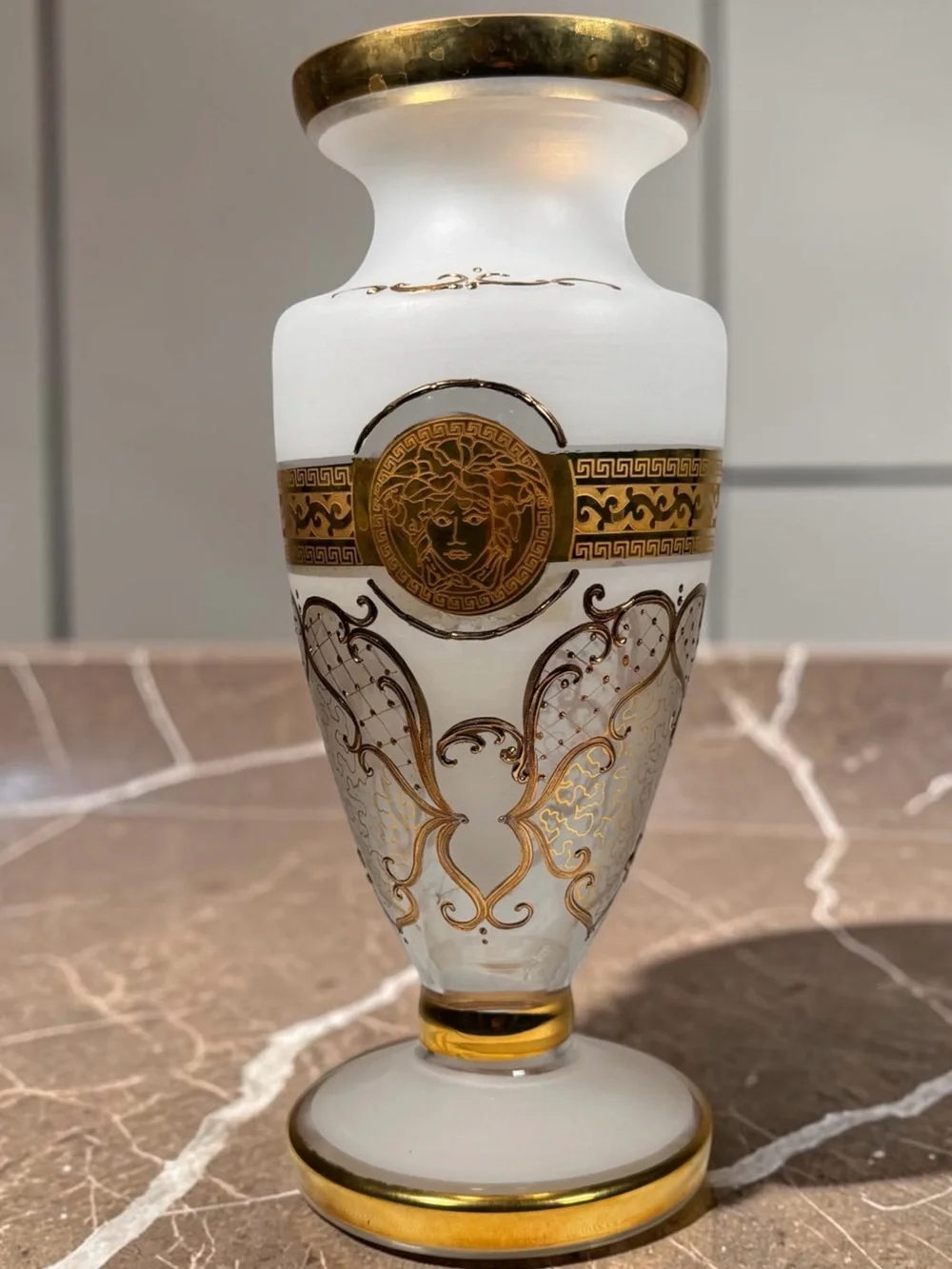 12” Frosted Art Glass Vase Gold Medusa Greek Key Luxury Home Decor